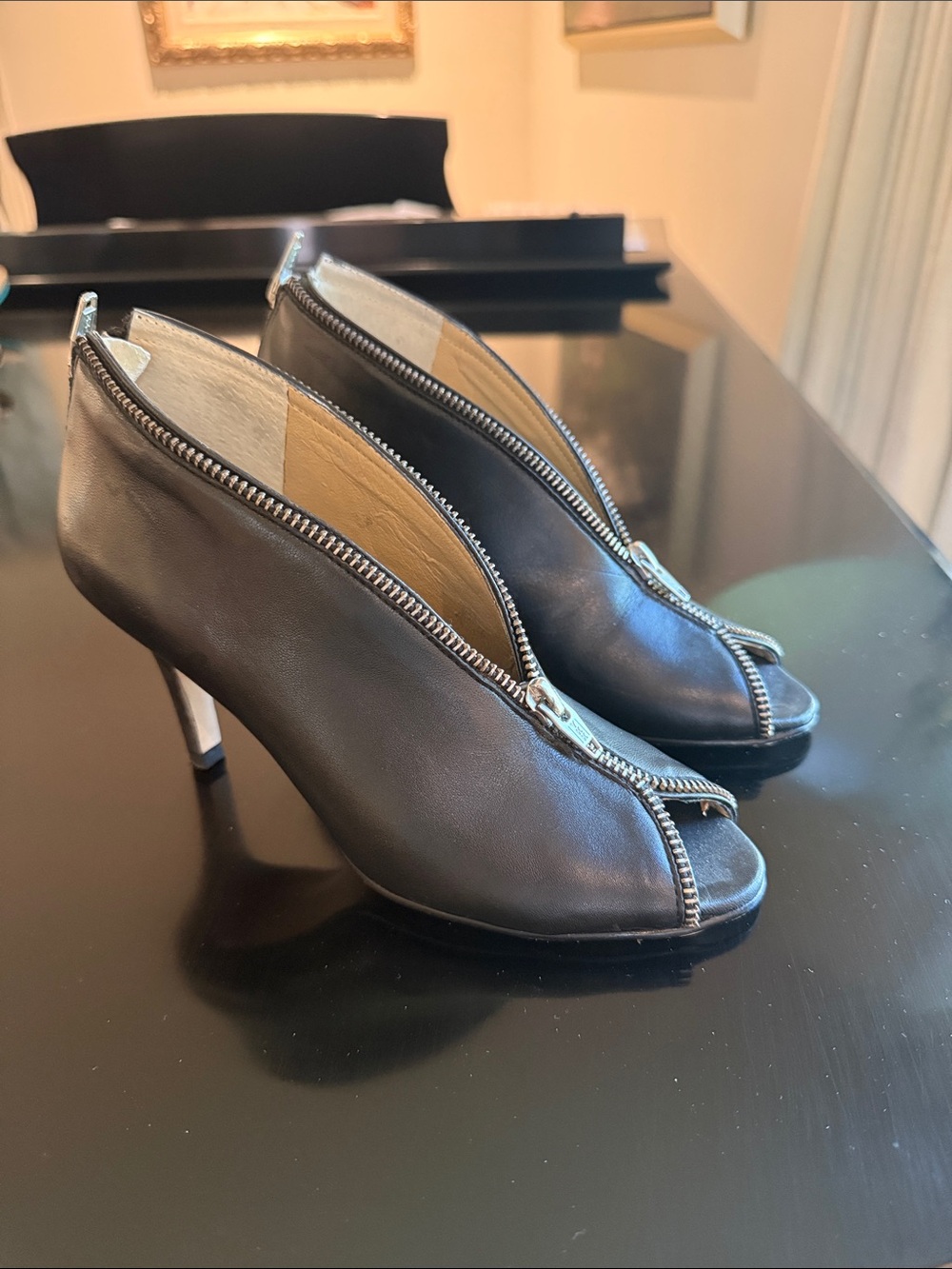 Neiman Marcus Black Leather Peep-Toe Zip Bootie Heels